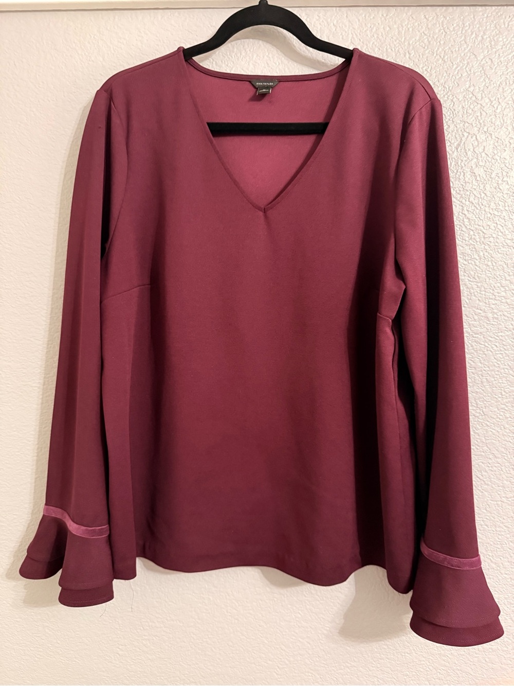 Ann Taylor Burgundy V-Neck Long Sleeve Blouse with Ruffle Cuffs